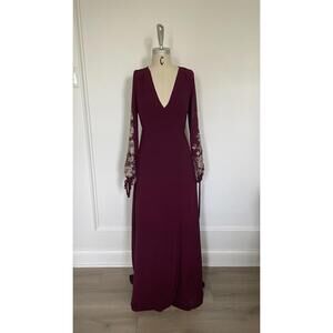 Soieblu - Long Sleeve Burgundy Maxi Dress with Embroidered Sheer Sleeves, size S
